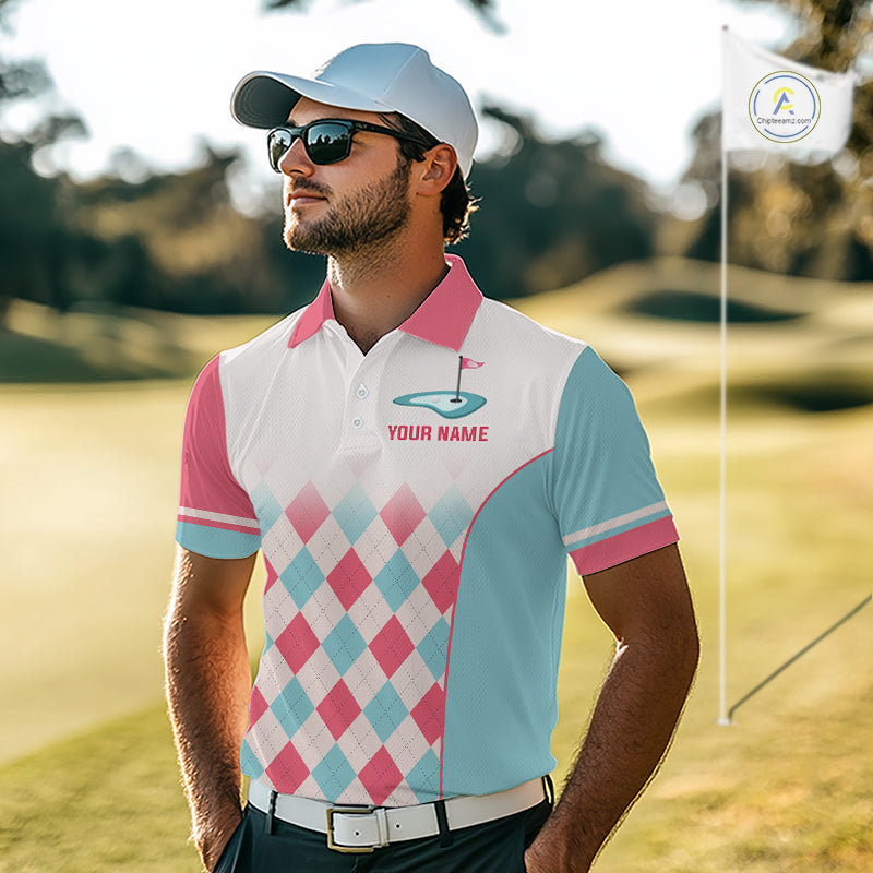 Argyle Pattern Golf Polo Shirts For Mens Custom Name, Golf Pattern Red Blue Shirt Gifts NHT931