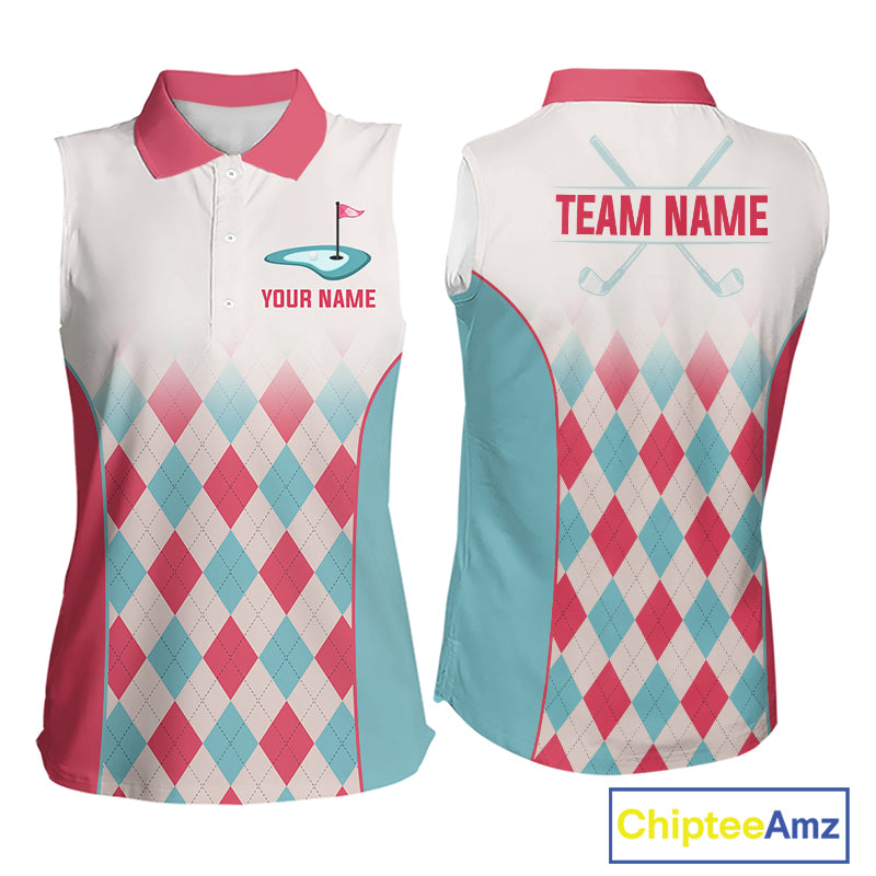 Argyle Pattern Womens Sleeveless Golf Polo Shirts For Womens Custom Name, Golf Pattern Red Blue Shirt Gifts NHT931