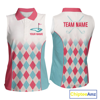 Argyle Pattern Womens Sleeveless Golf Polo Shirts For Womens Custom Name, Golf Pattern Red Blue Shirt Gifts NHT931