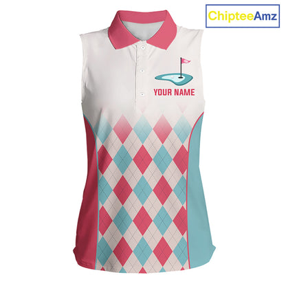 Argyle Pattern Womens Sleeveless Golf Polo Shirts For Womens Custom Name, Golf Pattern Red Blue Shirt Gifts NHT931