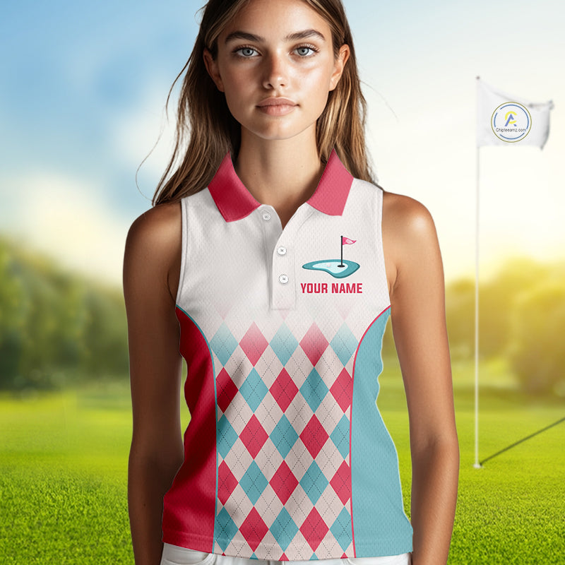 Argyle Pattern Womens Sleeveless Golf Polo Shirts For Womens Custom Name, Golf Pattern Red Blue Shirt Gifts NHT931