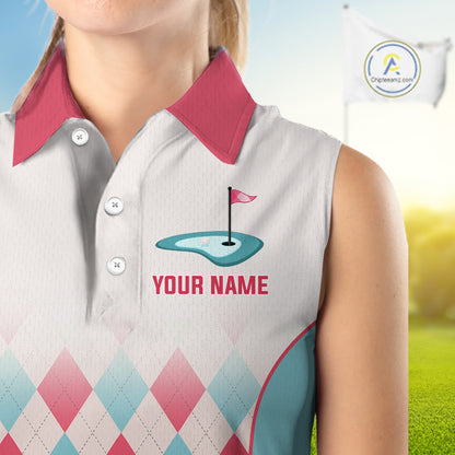 Argyle Pattern Womens Sleeveless Golf Polo Shirts For Womens Custom Name, Golf Pattern Red Blue Shirt Gifts NHT931