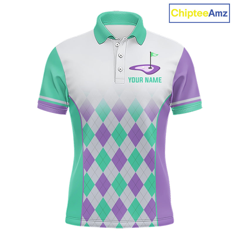 Argyle Pattern Golf Polo Shirts For Mens Custom Name, Golf Pattern Turquoise Purple Shirt Gifts NHT932