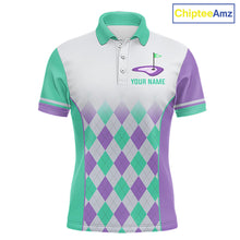 Load image into Gallery viewer, Argyle Pattern Golf Polo Shirts For Mens Custom Name, Golf Pattern Turquoise Purple Shirt Gifts NHT932