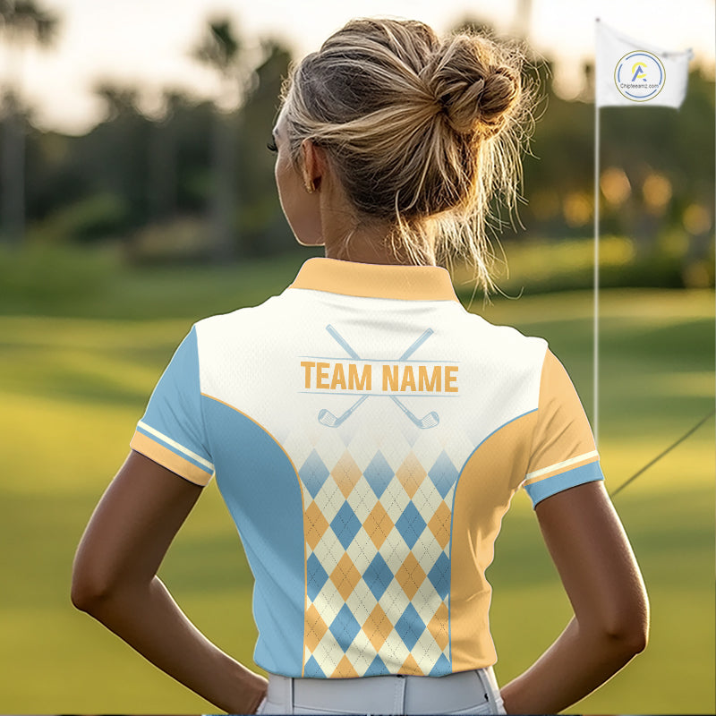 Argyle Pattern Golf Polo Shirts For Womens Custom Name, Golf Pattern Yellow Blue Shirt Gifts NHT933