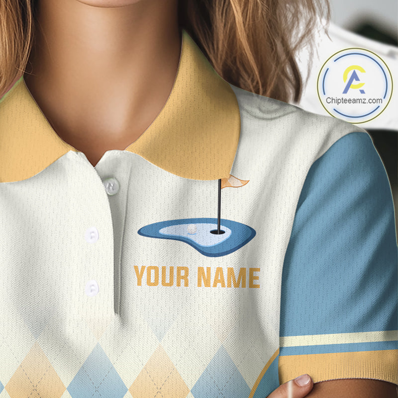 Argyle Pattern Golf Polo Shirts For Womens Custom Name, Golf Pattern Yellow Blue Shirt Gifts NHT933