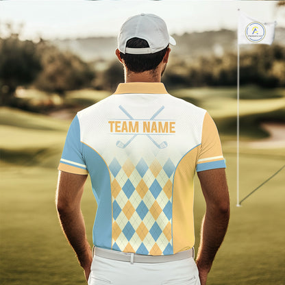 Argyle Pattern Golf Polo Shirts For Mens Custom Name, Golf Pattern Yellow Blue Shirt Gifts NHT933