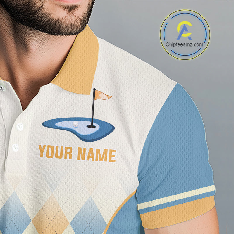 Argyle Pattern Golf Polo Shirts For Mens Custom Name, Golf Pattern Yellow Blue Shirt Gifts NHT933