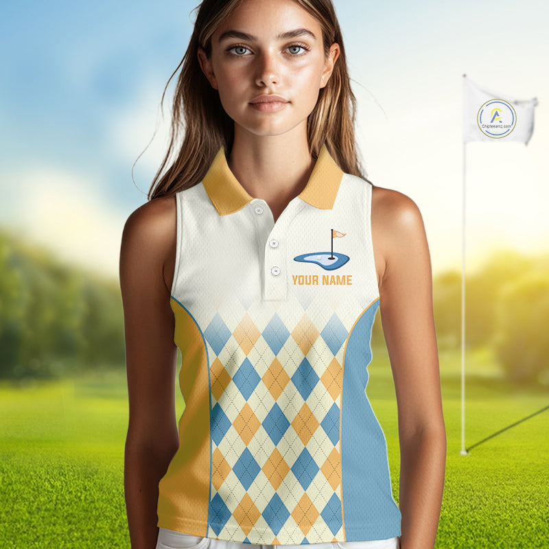 Argyle Pattern Womens Sleeveless Golf Polo Shirts For Womens Custom Name, Golf Pattern Yellow Blue Shirt Gifts NHT933