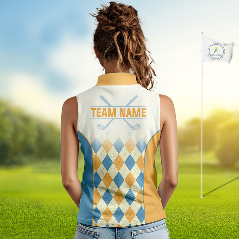 Argyle Pattern Womens Sleeveless Golf Polo Shirts For Womens Custom Name, Golf Pattern Yellow Blue Shirt Gifts NHT933