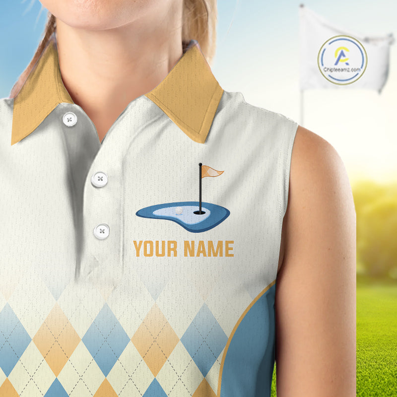 Argyle Pattern Womens Sleeveless Golf Polo Shirts For Womens Custom Name, Golf Pattern Yellow Blue Shirt Gifts NHT933