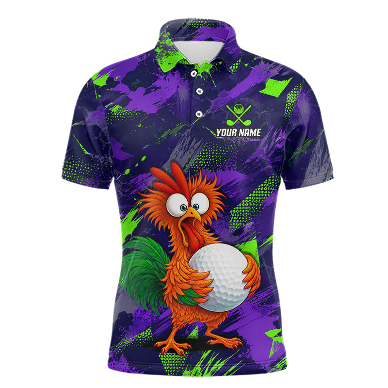 A short-sleeve polo shirt with a purple and green paint-splatter background and a cartoon rooster holding a golf ball on the front. The shirt has a custom name placeholder on the left chest and is shown on a plain white background.