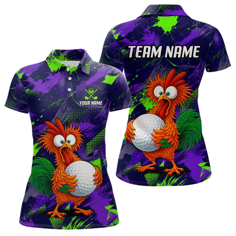 Front and back views of a short-sleeve polo shirt with a colorful cartoon chicken graphic on a purple and green splatter background. The front shows a polo collar, buttons, and customizable text reading 'YOUR NAME' and a golf club logo.