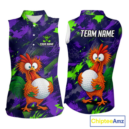 Front and back views of a sleeveless collared shirt with a colorful cartoon rooster holding a golf ball, on a purple and green splatter background. The front has a small custom logo area reading 'YOUR NAME' and the back has 'TEAM NAME' in white text.