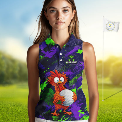 A sleeveless women's polo shirt with a colorful abstract print and a cartoon bird holding a golf ball, shown on a female model against a blurred golf course background.