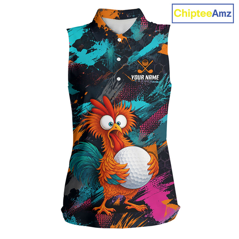 A sleeveless collared golf shirt with a vibrant all-over graphic print featuring a cartoon rooster holding a golf ball, set against a dark background with teal, orange, and pink paint splatters. The shirt has a custom name placeholder on the chest and a 'ChipteeAmz' logo in the top right corner.