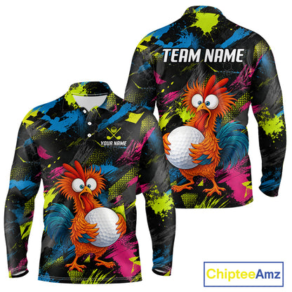A long-sleeve polo shirt shown from both front and back on a white background. The shirt features a vibrant, all-over abstract paint splatter pattern in black, blue, pink, yellow, and green, with a cartoon orange rooster holding a white golf ball printed on the chest and back.