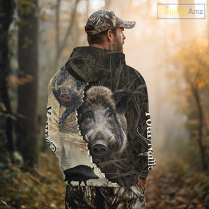 Brown Camo Wild Hog Hunting 3D All Over Print Shirts Custom Name, Boar Hunting Shirt NHT148