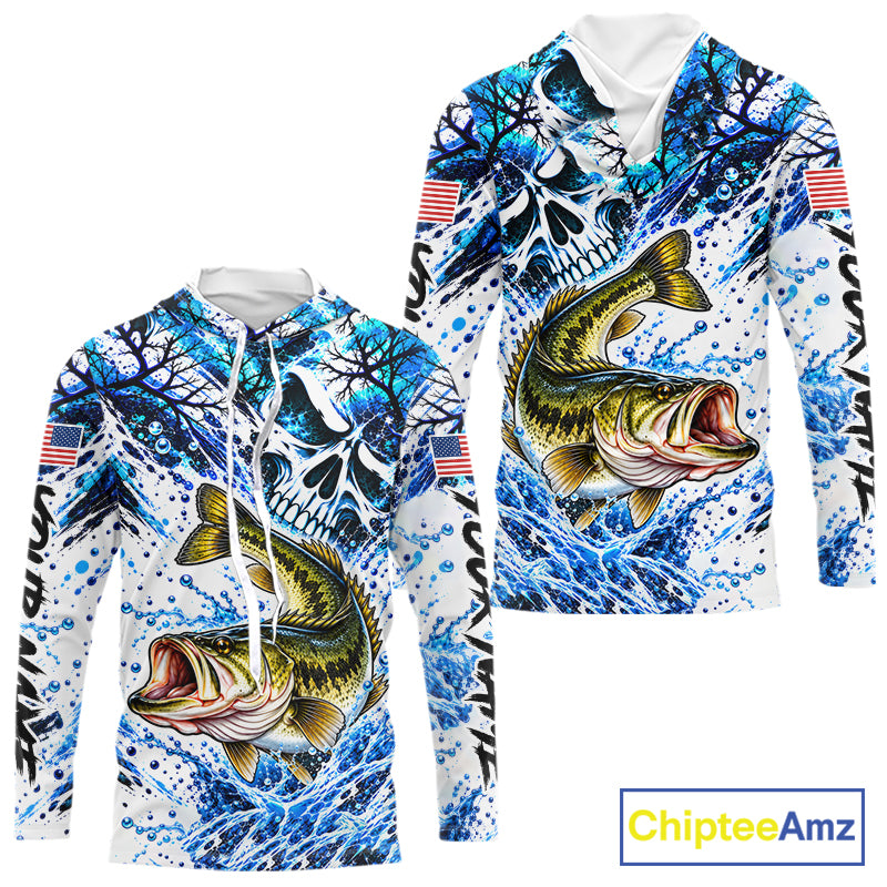 Largemouth Bass Hooded Fishing Shirt Custom Skull Blue Splash Water US Flag Long Sleeve Apparel NHT1737
