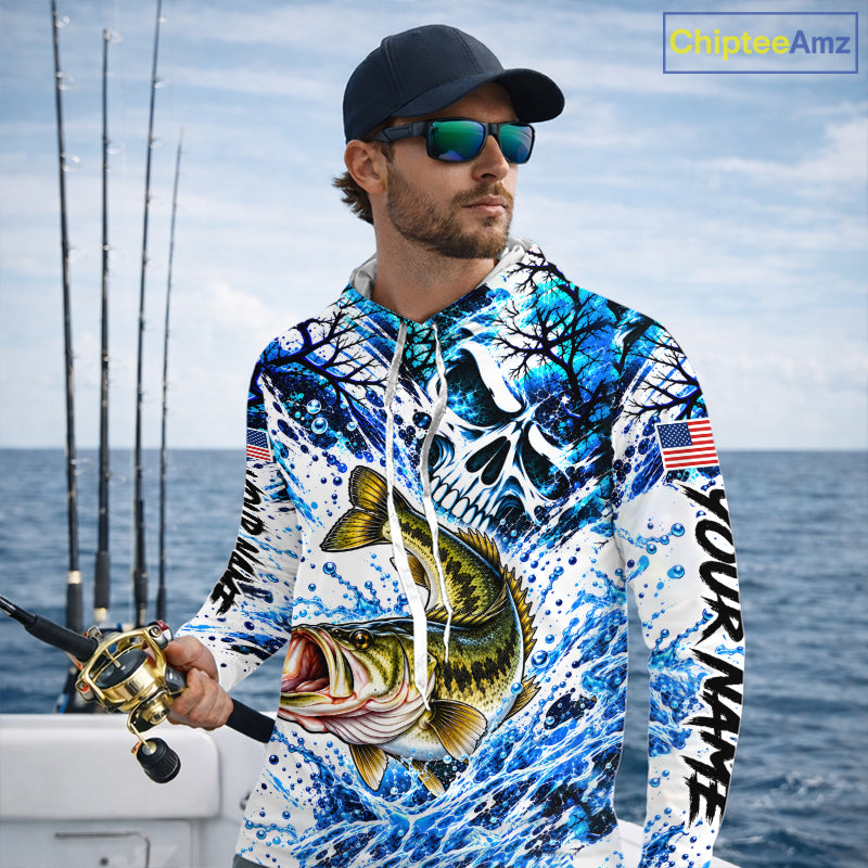 Largemouth Bass Hooded Fishing Shirt Custom Skull Blue Splash Water US Flag Long Sleeve Apparel NHT1737