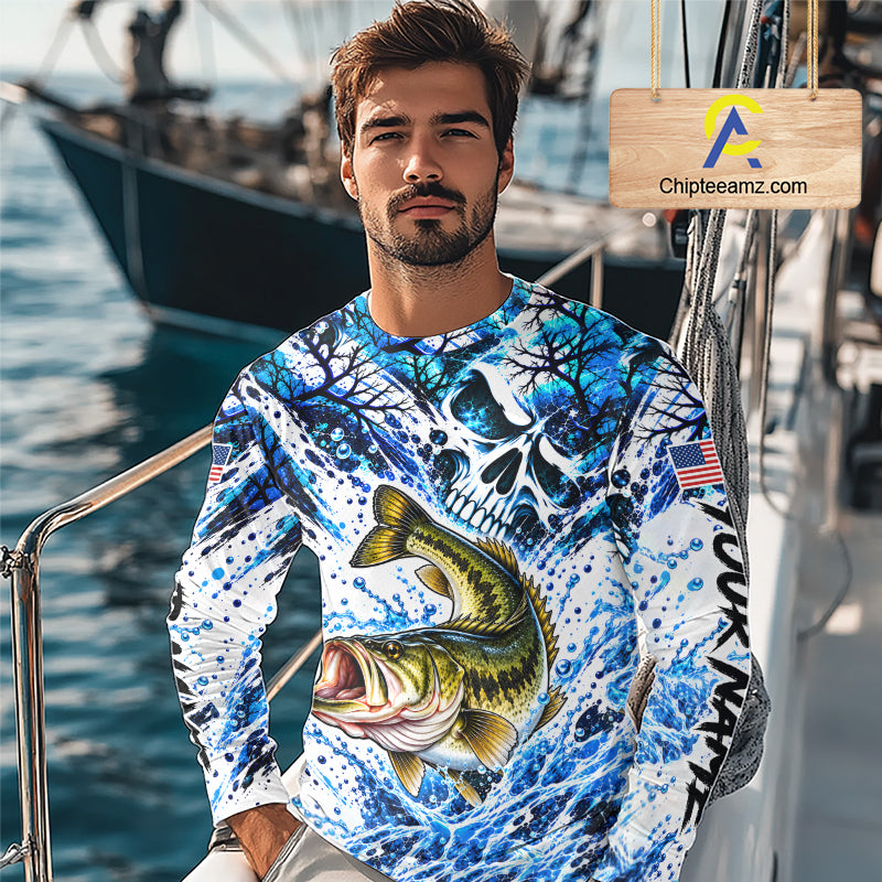 Largemouth Bass Fishing Shirt Custom Skull Blue Splash Water US Flag Long Sleeve Apparel NHT1737