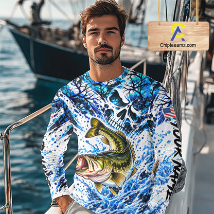 Largemouth Bass Fishing Shirt Custom Skull Blue Splash Water US Flag Long Sleeve Apparel NHT1737