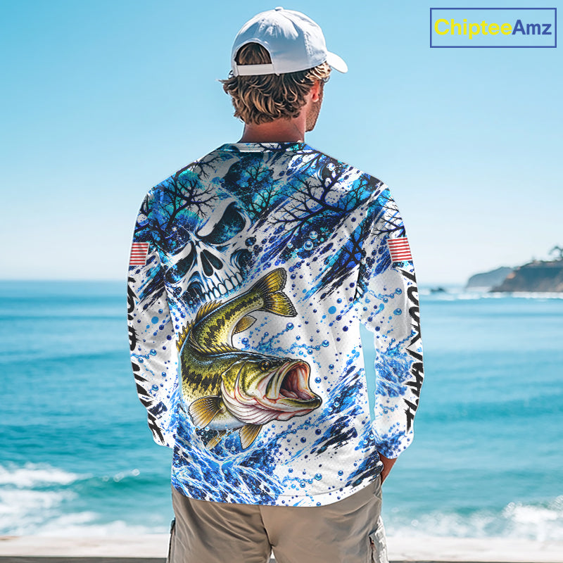 Largemouth Bass Fishing Shirt Custom Skull Blue Splash Water US Flag Long Sleeve Apparel NHT1737