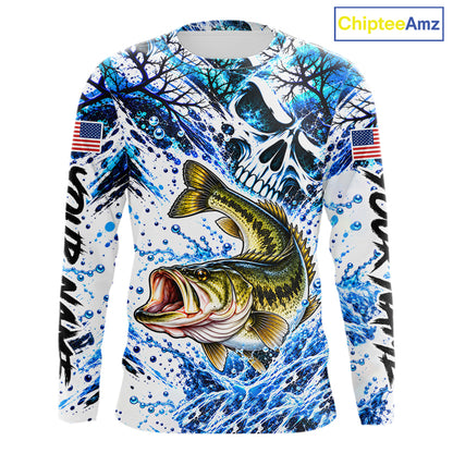 Largemouth Bass Fishing Shirt Custom Skull Blue Splash Water US Flag Long Sleeve Apparel NHT1737