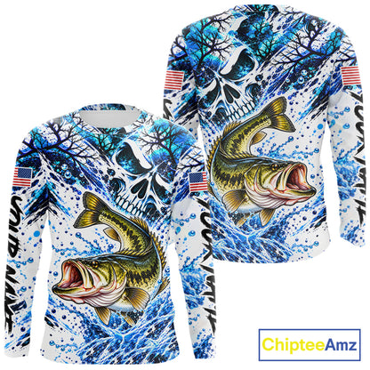Largemouth Bass Fishing Shirt Custom Skull Blue Splash Water US Flag Long Sleeve Apparel NHT1737