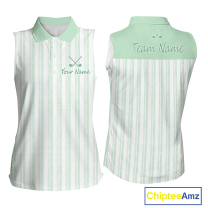 Personalized Womens Sleeveless Golf Polo Shirt Mint Green Striped Custom Team Name Polo For Womens