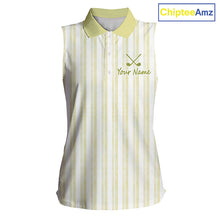 Load image into Gallery viewer, Personalized Womens Sleeveless Golf Polo Shirt Mint Yellow Striped Custom Team Name Polo For Womens