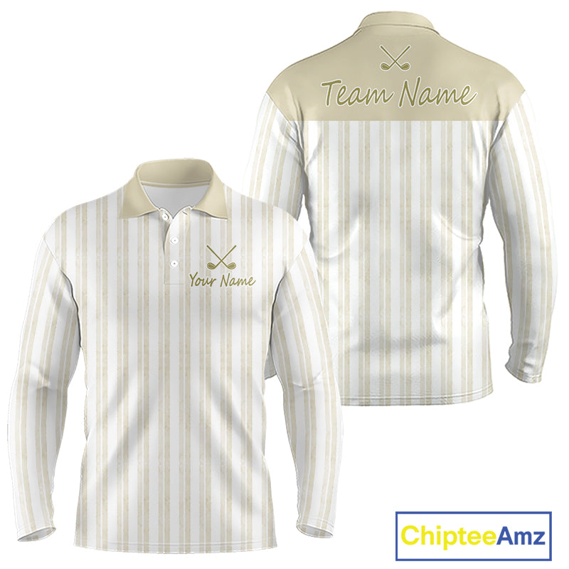 Personalized beige striped golf polo shirt for men with custom team name 