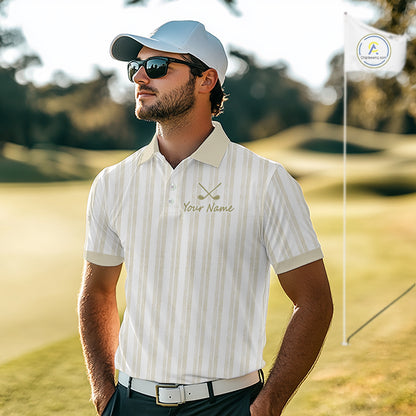 Personalized beige striped golf polo shirt for men with custom team name 