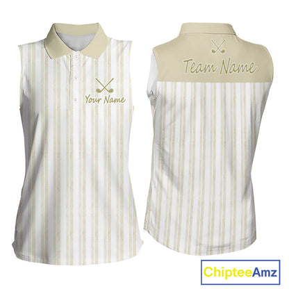 Personalized Womens Sleeveless Golf Polo Shirt Beige Striped Custom Team Name Polo For Womens