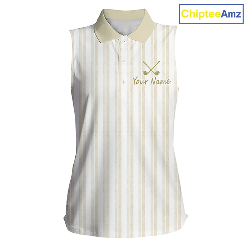 Personalized Womens Sleeveless Golf Polo Shirt Beige Striped Custom Team Name Polo For Womens