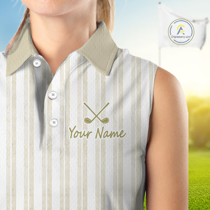 Personalized Womens Sleeveless Golf Polo Shirt Beige Striped Custom Team Name Polo For Womens NHT941