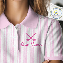 Load image into Gallery viewer, Personalized Golf Polo Shirt Mint Pink Striped Custom Team Name Polo For Womens NHT944