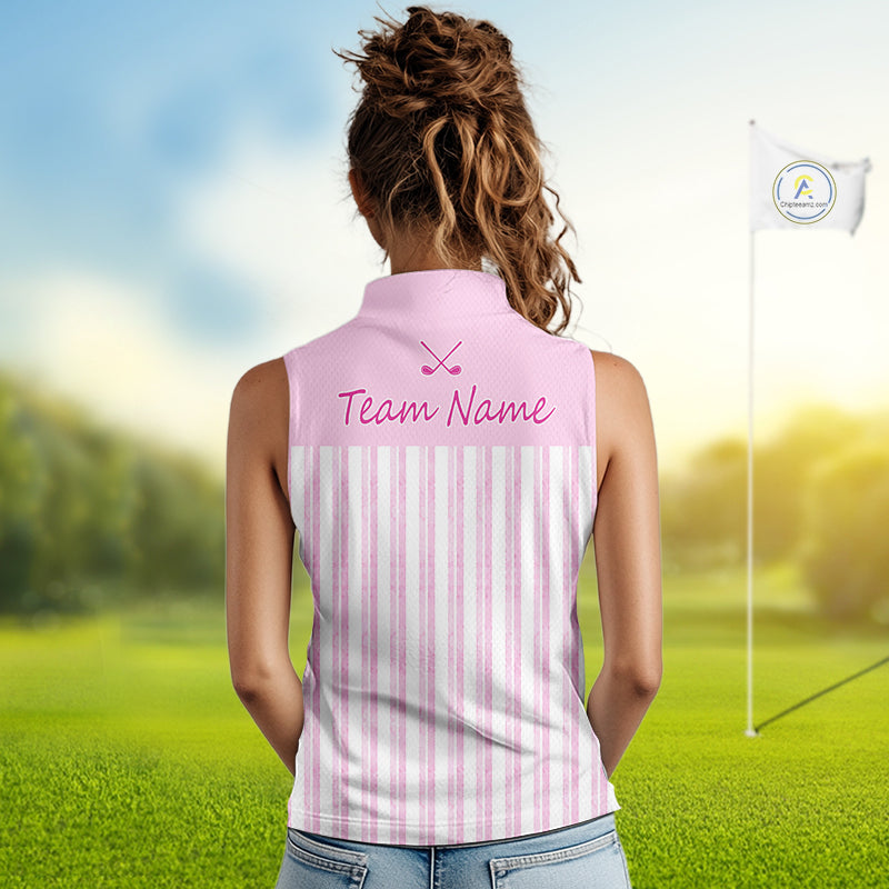 Personalized Womens Sleeveless Golf Polo Shirt Mint Pink Striped Custom Team Name Polo For Womens NHT944
