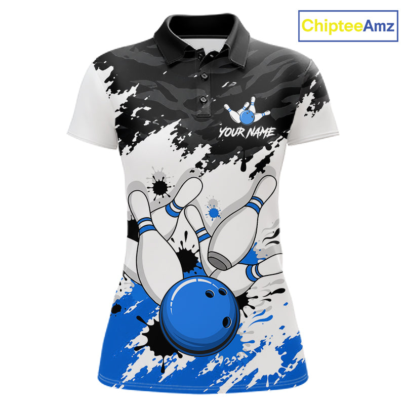 A women's short-sleeve polo shirt with a bowling-themed graphic print. The design features a black and gray camouflage pattern on the upper chest, a white and gray splatter background, bowling pins, a blue bowling ball, and customizable text 'YOUR NAME' on the chest.