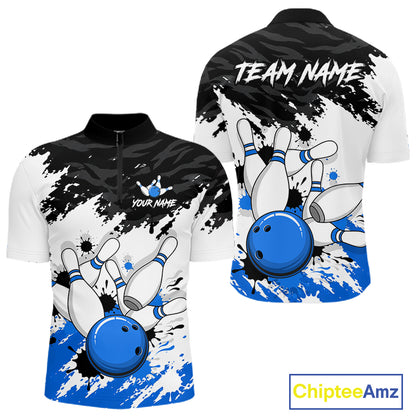Custom short-sleeve bowling jersey shown from the front and back on a white background. The design features a black and white camouflage pattern with blue paint splatters, a blue bowling ball, and white bowling pins with blue stripes.