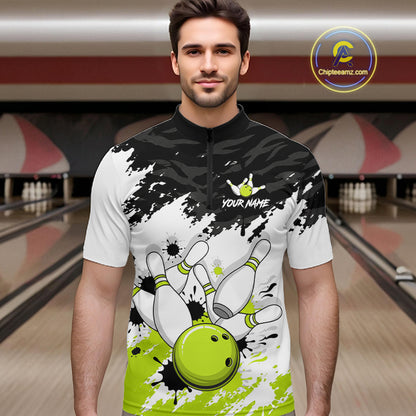Bowling Shirt Custom Name Black White Lime Green Bowling Ball Personalized Team Jersey For Men NHT1250