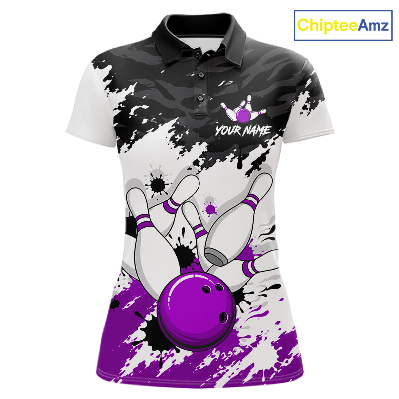 A women's short-sleeve polo shirt with a bowling-themed graphic print. The design features a black and gray camouflage pattern on the upper chest, a white and gray splatter background, bowling pins, a purple bowling ball, and the text 'YOUR NAME' with a crown logo.