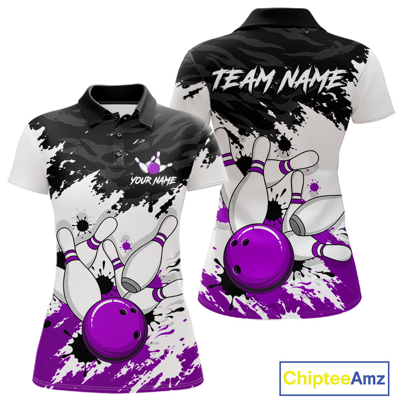 Front and back views of a women's short-sleeve polo shirt with a bowling theme. The shirt features a black and white splatter/camo pattern on the upper chest and shoulders, white sleeves, a black collar, and a graphic print of bowling pins and balls in purple, white, and black splatter on the lower front and back.