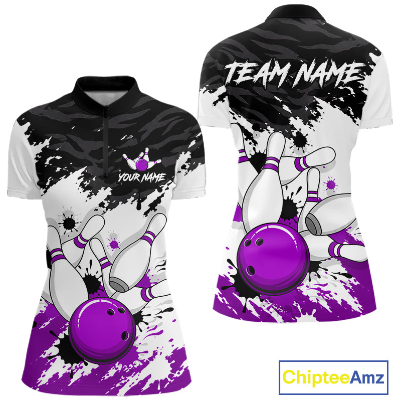 Front and back views of a women's short-sleeve polo bowling shirt on a white background. The shirt features a black and white splatter design with purple bowling balls and pins, customizable text areas, and a ChipteeAmz logo in the bottom right corner.