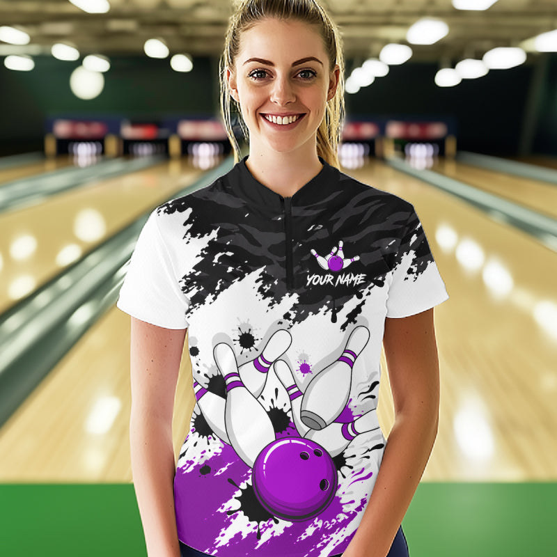 Bowling Shirt Custom Name Purple Black White Bowling Ball Personalized Team Jersey Gift For Women NHT1251