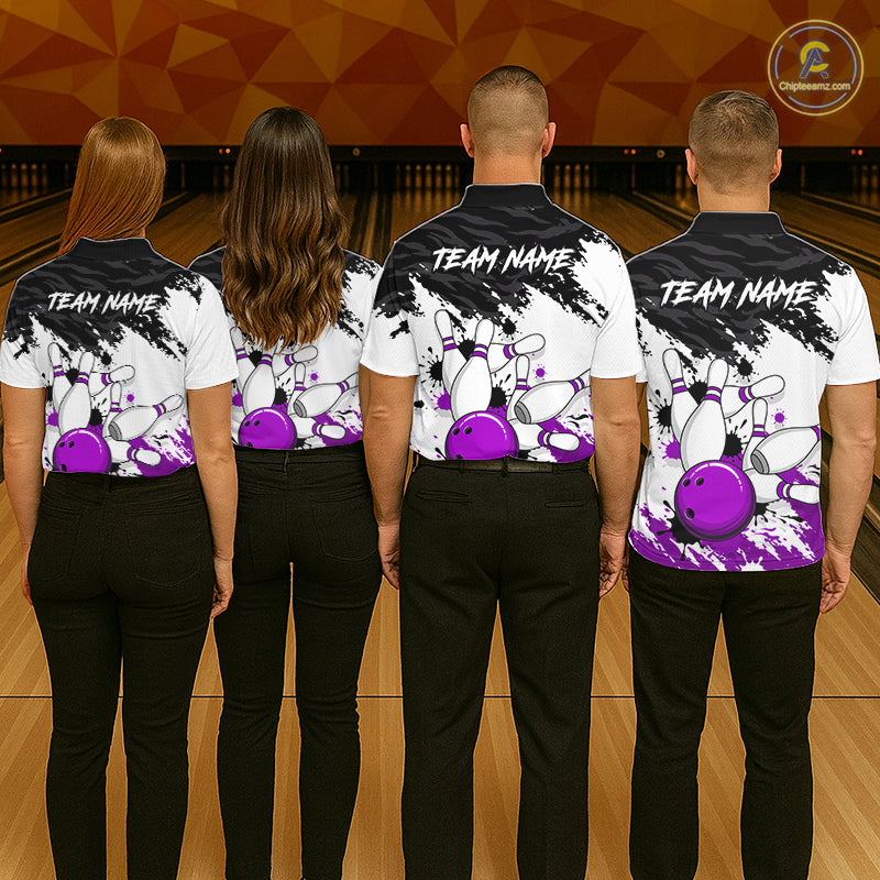 Bowling Shirt Custom Name Purple Black White Bowling Ball Personalized Team Jersey Gift For Women NHT1251