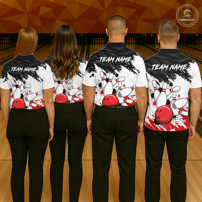 Bowling Shirt Custom Name Red Black White Bowling Ball Personalized Team Jersey Gift For Men NHT1252