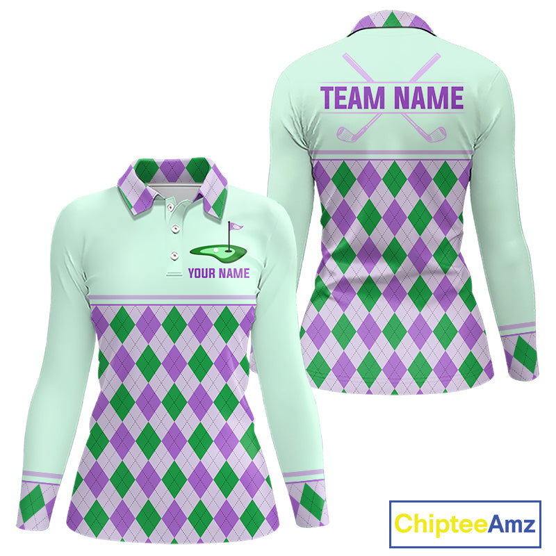 Green Purple Argyle Golf Polo Shirt Personalized Womens Golf Shirt Golf Outfit Family Team Shirts NHT1397