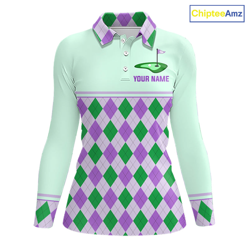 Green Purple Argyle Golf Polo Shirt Personalized Womens Golf Shirt Golf Outfit Family Team Shirts NHT1397