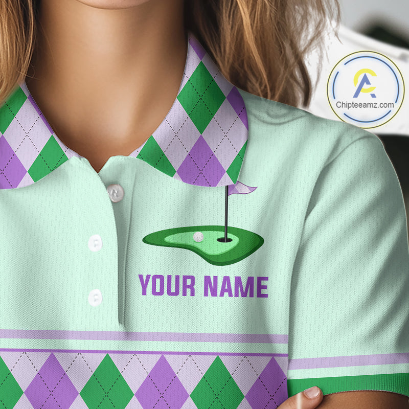 Green Purple Argyle Golf Polo Shirt Personalized Womens Golf Shirt Golf Outfit Family Team Shirts NHT1397